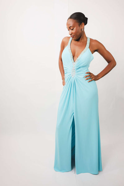 Amelia Blue Turquoise Maxi Dress with ruche waist and embellished deep v-neck.