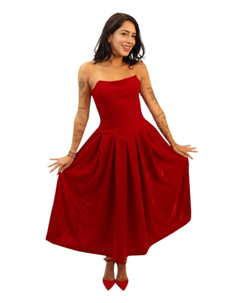 Red Rose Velvet dress with built-in corset and voluminous skirt.