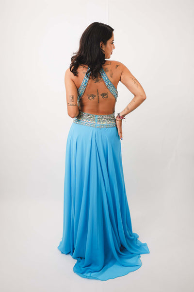 Christina Blue Dress with embellished sides and open back.