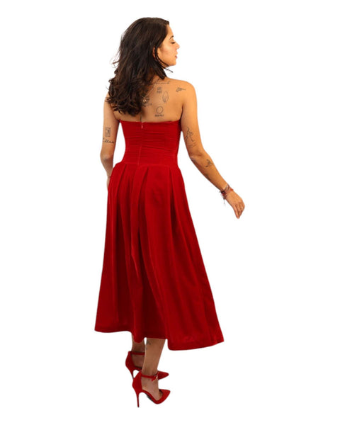 Elegant Rose Velvet Dress in red with built-in corset and back zip.