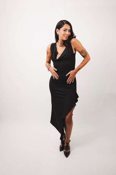 Isabella Black Shimmer Dress with ruffle details and side split.