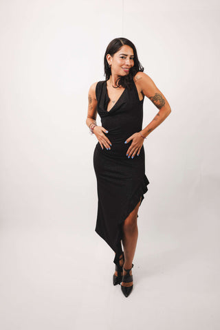 Isabella Black Shimmer Dress with ruffle details and side split.