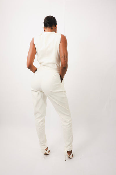 Yemi Sleeveless Jumpsuit in white, back view showing v-neck and sleek design.