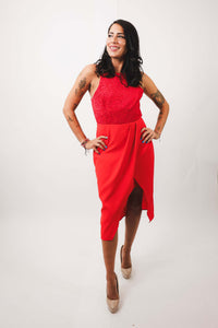 Lucy Red Lace Dress with halter neck, open back, and wrap skirt design.