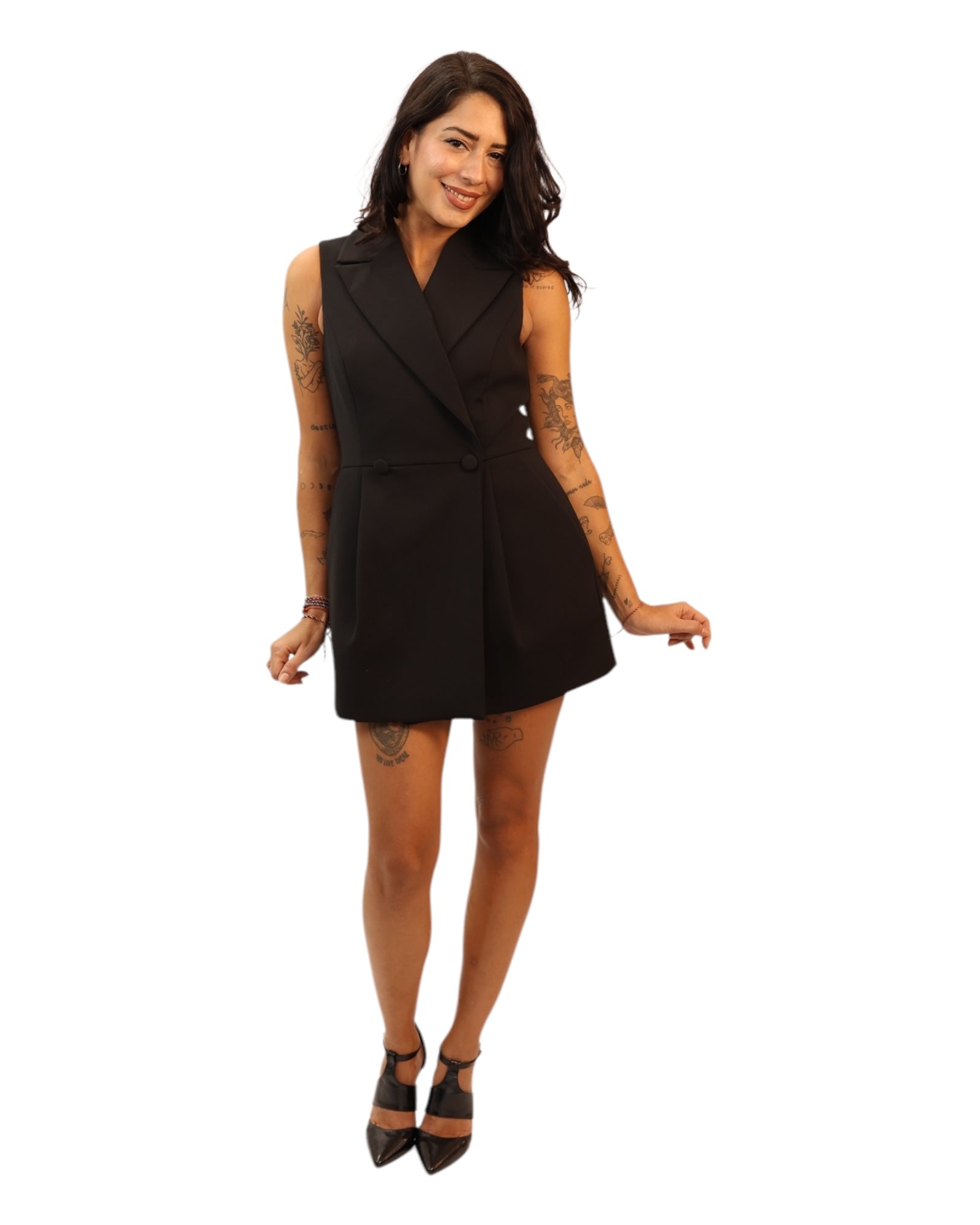 Viola Black Sleeveless Blazer Dress with Tulip Skirt and Pockets.