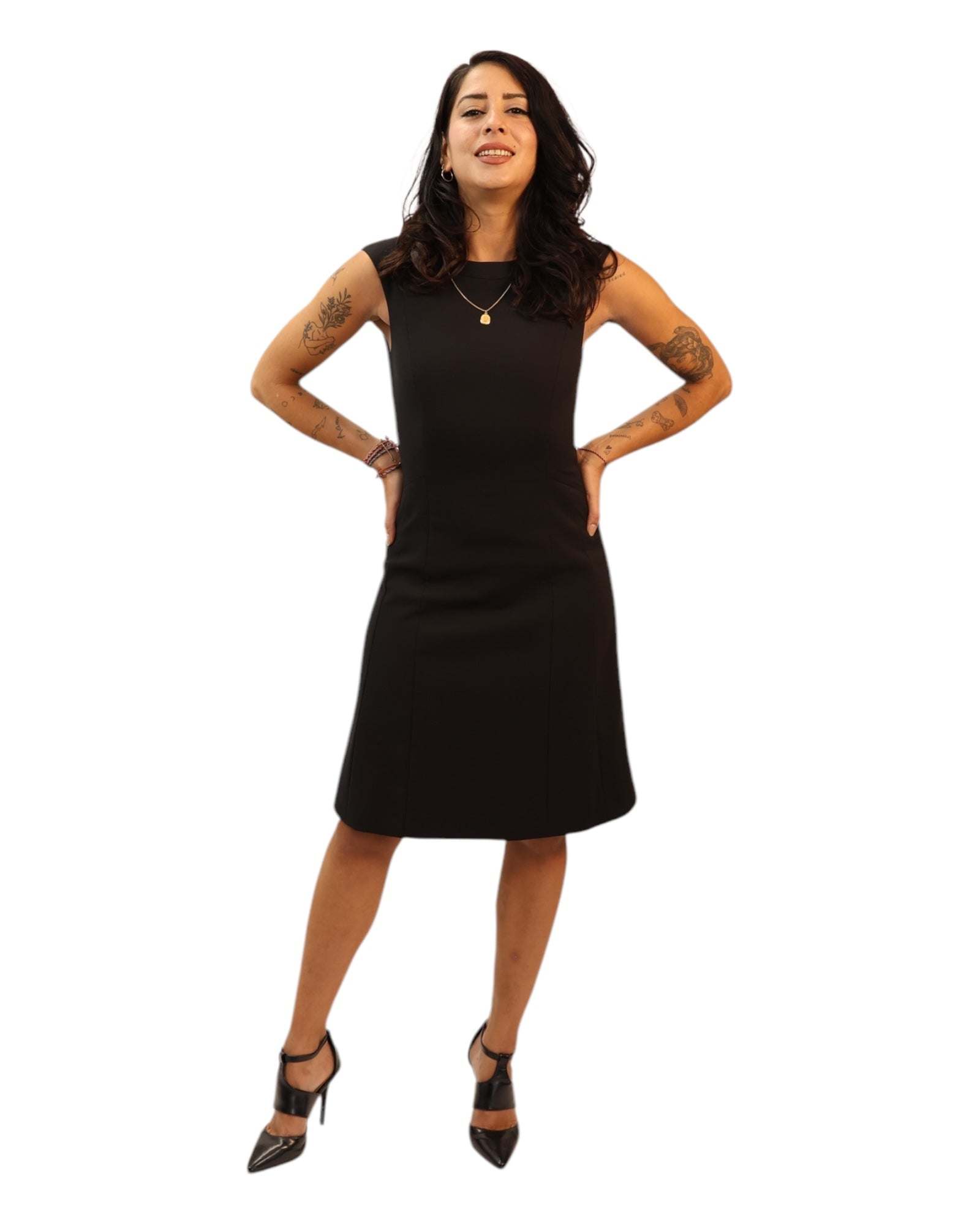 Ena Black Midi Dress with swing skirt, sleeveless, above-knee length.