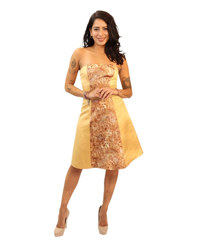 Victoria Gold Midi Print Dress with A-line silhouette and stylish print.