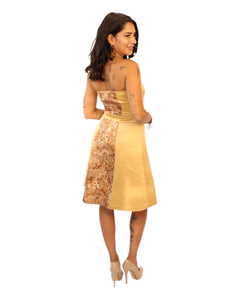 Victoria Gold Midi Print Dress featuring A-line silhouette and floral design.