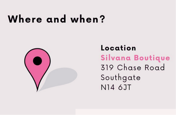 Location details for Silvana Boutique, 319 Chase Road, Southgate, N14 6JT for sewing class teens.