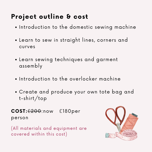 Beginner's Sewing Class outline and cost details for teens, featuring sewing machine introduction, techniques, and tote bag project.