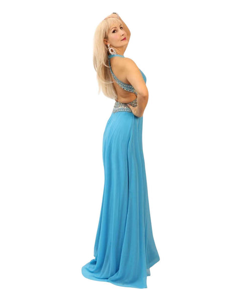 Christina Blue Dress, maxi chiffon with cut-out embellished sides and open back.