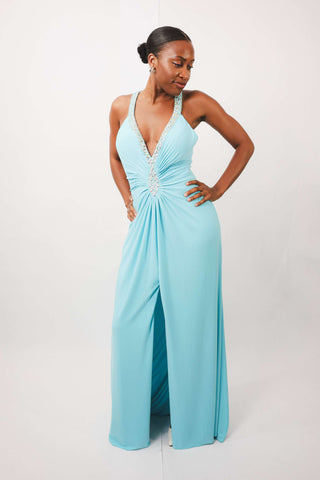 Amelia Blue Turquoise Maxi Dress with ruche waist and embellished v-neck.