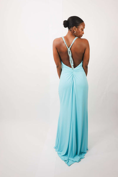 Amelia Blue Turquoise Maxi Dress with open back and ruche waist detailing.