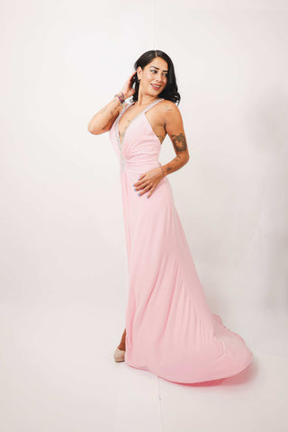 Elsie Pink Maxi Dress with ruche waist, deep v-neck, open back.